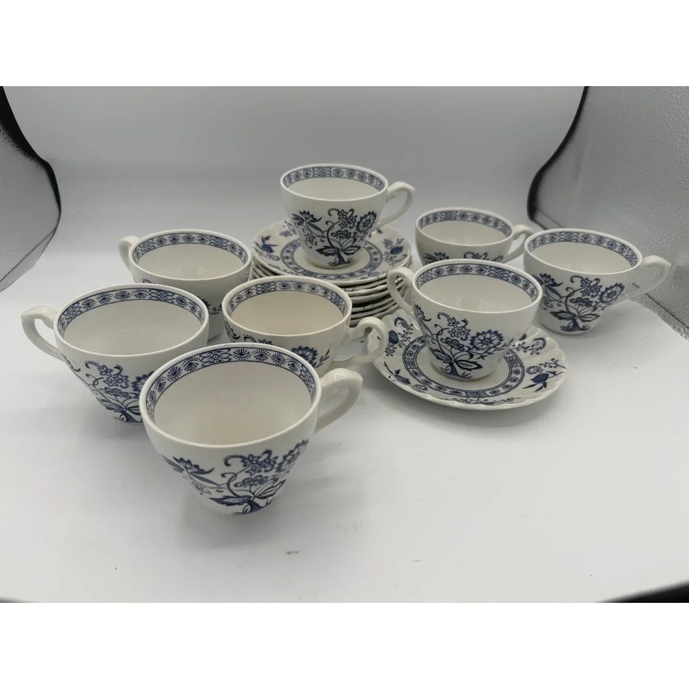 Vintage J&G Meakin Classic Blue Nordic Cup and Saucer Set of 8 English Ironstone